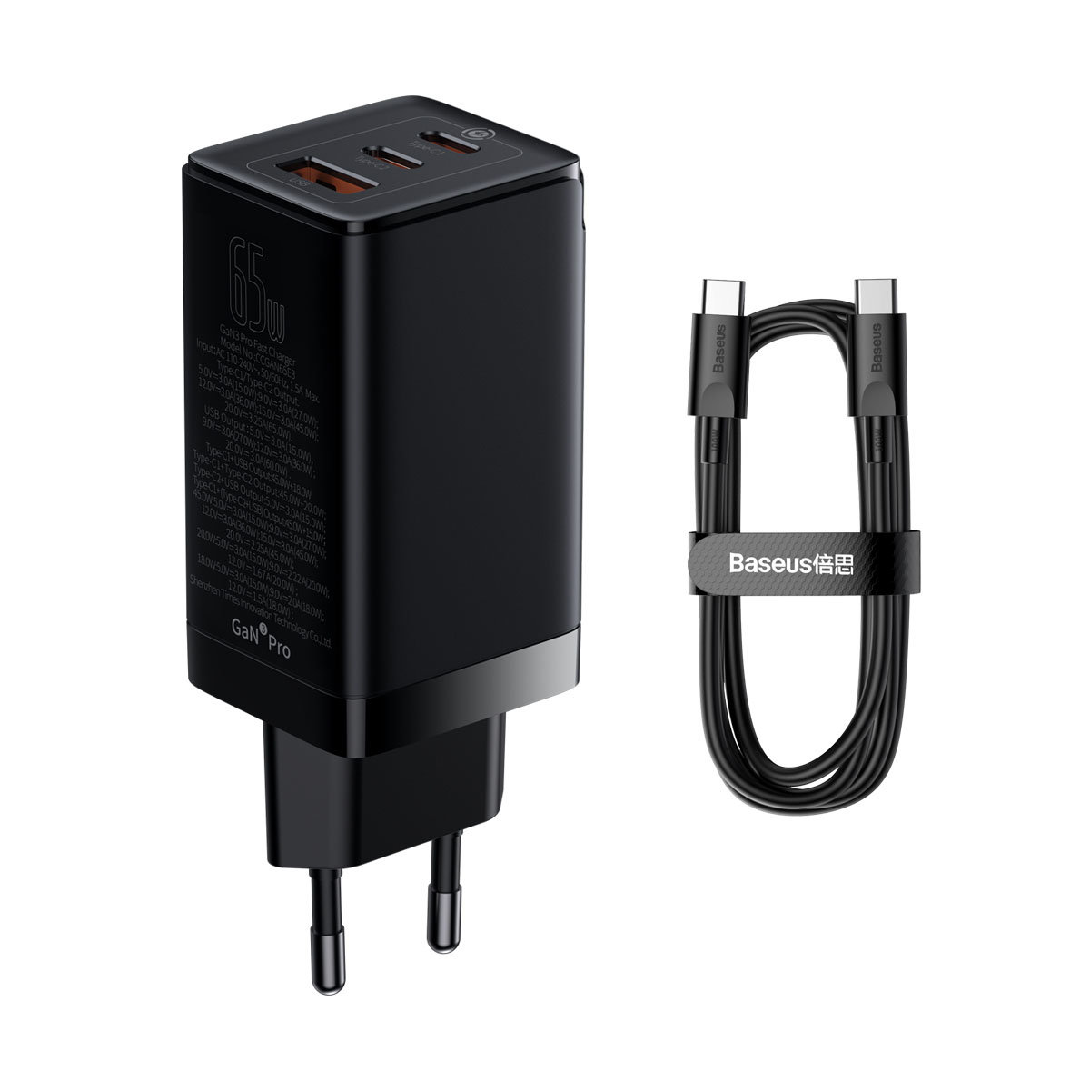 מטען קיר מהיר Baseus 65W USB כולל כבל USB Type-C 100W – צבע שחור