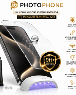 מגן מסך סיליקון נוזלי UV לסמארטפון – מגן מסך 9H+ עם דבק UV ומנורת הקשיה, הגנה מקסימלית מפני שריטות ומכות, שקיפות גבוהה, ציפוי נגד טביעות אצבע, התקנה ללא בועות והתאמה מושלמת למסך הטלפון.