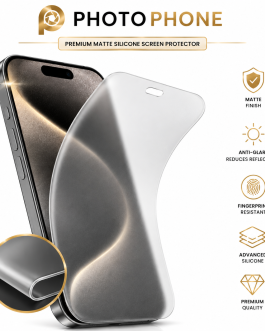 מגן מסך סיליקון Hydrogel שקוף מט של BLAZE, המותקן באופן מושלם על צג טלפון חכם עם תצוגה גרפית מופשטת כחולה וצהובה. המגן מציע הגנה מלאה מקצה לקצה מבלי לפגוע ברגישות המגע או באיכות התצוגה.